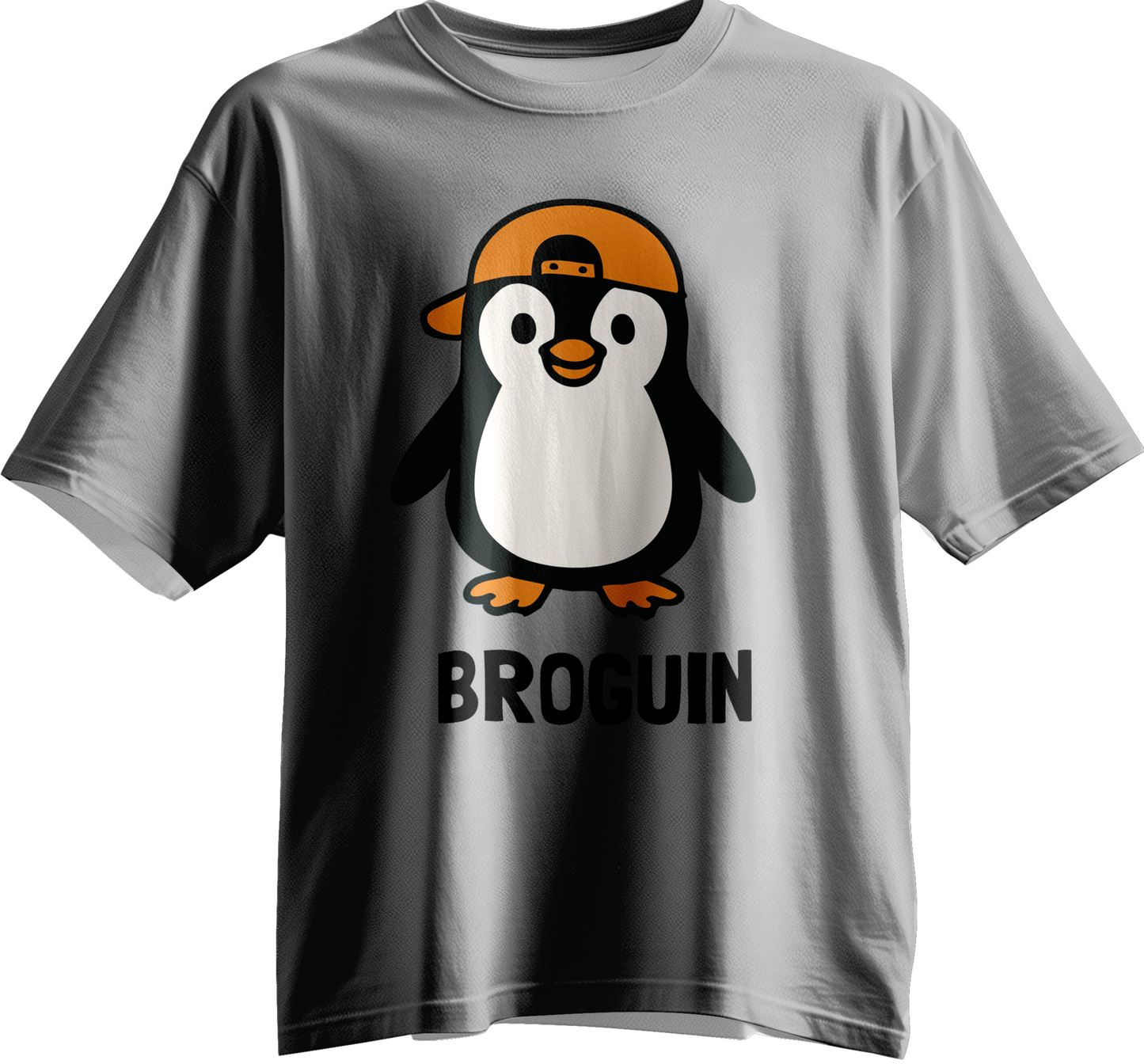 Gray t-shirt with a penguin graphic and 'BROUIN' text for little brothers in the family