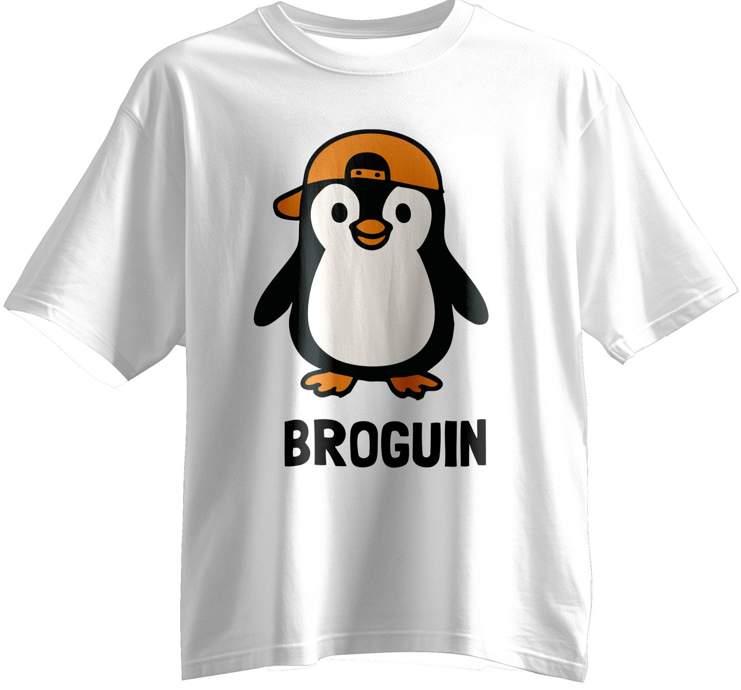 White t-shirt with a penguin graphic and 'BROGUIN' text for little brothers in the family