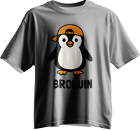 Gray t-shirt with a penguin graphic and 'BROUIN' text for little brothers in the family
