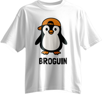 White t-shirt with a penguin graphic and 'BROGUIN' text for little brothers in the family